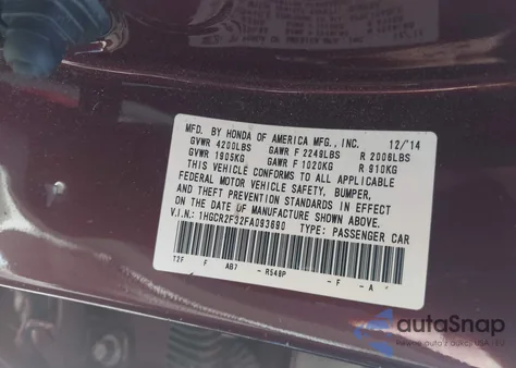 2015 Honda Accord Lx z USA, uszkodzony, nr VIN 1HGCR2F32FA093690